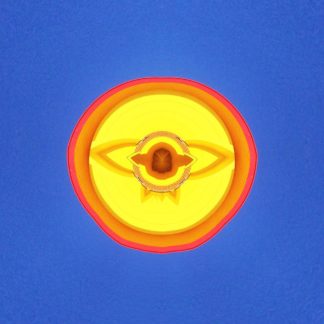 Ein strukturiertes, gelbes Etwas auf blauem Grund, das einem Auge ähnelt.