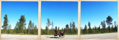 drei quadratische Bilder zeigen ein bepacktes Reiserad im Profil auf der Straße vor seichtem, nordischem Waldbewuchs und stahlblauem Himmel.