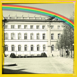 Rechter eines dreiteiligen Bild, das die grafische Ansicht eines barocken Schlosses zeigt. Darüber ein Regenbogen. Jedes Bild ist gelb gerahmt.