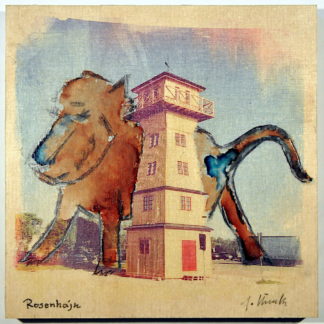 Hinter einem hölzernen, quadratischen Turm steht ein gemalter, überdimensionierter Hund und hebt das Bein.