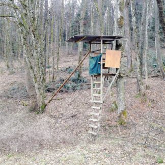 Ein selbstgebauter Jagshochsitz in unbelaubtem Wald.