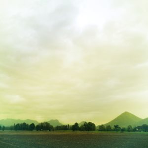 Unter hohem, dystopisch gelb-grünlichem Himmel zacken ferne Berge und eine Front aus Ufergewächsen.