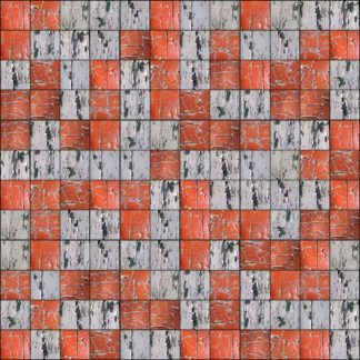 Zwölf mal zwölf quadratische Strukturbilder, die Hälfte davon grautonig, die andere rottonig zufällig arrangiert in einer Art Schachbrettmuster.