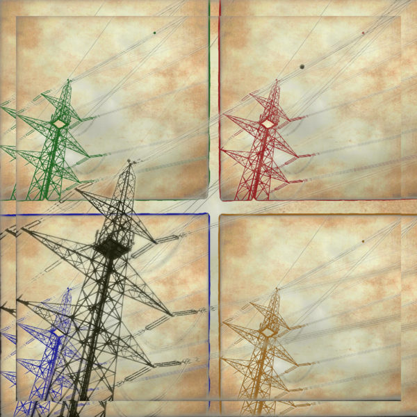 Kombination von vier Instanzen eines schrägen Strommastes vor einer bräunlichen Himmelssphäre. Underfoot Aufnahme