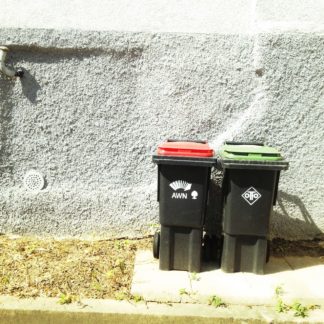 Außermittig rechts stehen eine eine Mülltonne mit rotem Deckel und eine mit grünem nebeneinander vor rau verputzter Hauswand. Der Schatten fällt nach rechts.