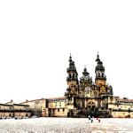 Verfremdete Aufnahme der Kathedrale in Santiago de Compostella. Die Silhouette wirkt wie in Streifen geschnitten und versetzt zusammengeklebt. Gelb und Rosa auf weißem Hintergrund mit Grau und ein bisschen Rot.