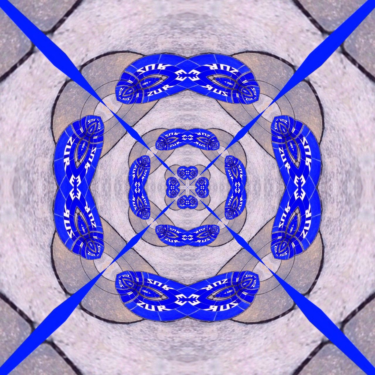 Eine kaleidoskop-ähnliche verschachtelung blauer Linien und Korbbögen zu einem zentralen Punkt hin auf grauem Hintergrund. Aus den Ecken führen Linien ins Zentrum und erzeugen eine Art Stern-Ansicht.