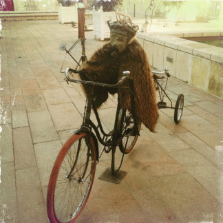 Auf einem alten Fahrrad sitzt ein pelziges Wesen mit Steampunk- Kopf und Gasmaske und viel alter Technik. Das Fahrrad hat einen Anhänger. Innenstädtisches, französisches Flair.