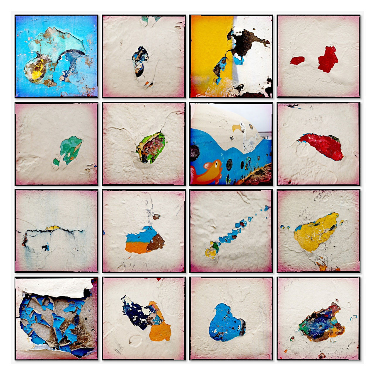 Sechzehn quadratische Bilder zu einer Collage arrangiert. Kleckse abblätternder Farbe an einer Kaimauer an der Nordsee. Sher bunt in gelb, blau, rot und weiß.