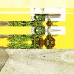 Ein digital in Streifen zerlegtes Bild einer Hauswand mit Strauchbewuchs. Gelb und Grün dominieren neben weißen Rechtecken und grauen, kaleidoskopartigen Verwerfungen.