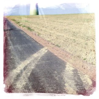 Von einem Teerweg zweigt nach rechts eine zweispurige Schmutzspur in ein abgeerntetes Feld. Ansatzweise der Fuß eines Windrads im Hintergrund.