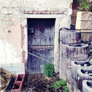 Mit einem Stock verbarrikadierte Stalltür in einer alten Bauernhausmauer. Vor der Tür stehen Kübelpflanzen