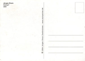 Postkartenrückseite mit Linien, Adressfeld und Briefmarkenfeld, sowie Titel des Motivs und Künstlername