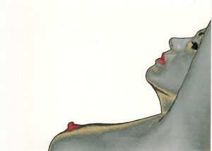 Liegender Akt in silberblaugrauer Verfärbung, rote Lippen und Brüste im Profil
