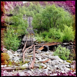 Zerworfene alte Bahnschienen führen einen steilen Hang hinauf auf eine Felswand zu. Umrankt werden sie von jungem Grün. Die Schiene hat eine Weiche nach rechts und ist im Vordergrund wie abgerissen auf Felsbrocken züngelnd.