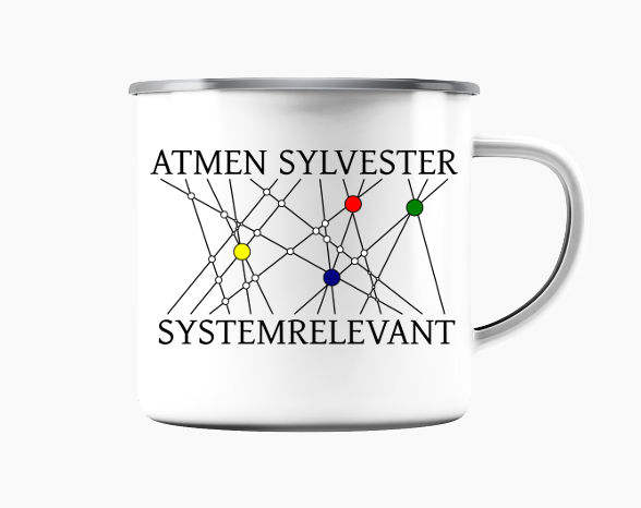 Anagram Atmen Sylvester mit Verbindungslinien zu Systemrelevant und bunten Zierpunkten an den Stellen, an denen sich die Linien zwischen den Buchstaben kreuzen.