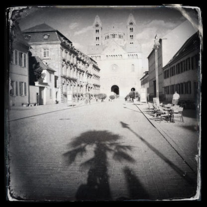 Schwarzweiß-Version der Flucht blickend auf den zweitürmigen Speyrer Dom durch eine breite Stadtstraße. Am Standort des Fotografen wirft eine Palme einen langen Schatten in Richtung Dom und verdeckt somit den Schatten des Fotografen.