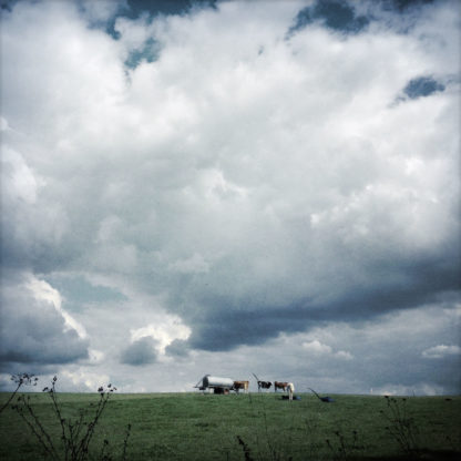 Ein Großteil des Bilds ist von dicken teils dunklen Wolken belegt, darunter ein schmaler Streifen Viehweide und Vieh am Horizont