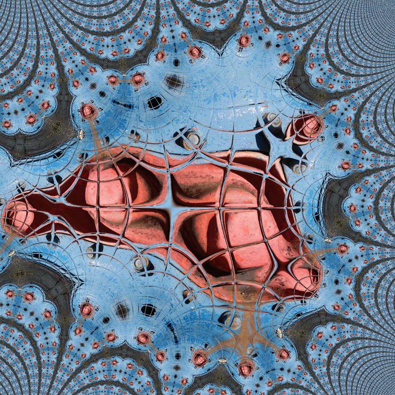 Blau-rotes abstraktes Bild, dessen exzentrische Anordnung in der Mitte eine Art Spinnennetzstruktur zeigt, ähnlich der Spiderman-Grafiken. Gegen den Rand verliert sich die Struktur in immer kleiner werdenden Einheiten.
