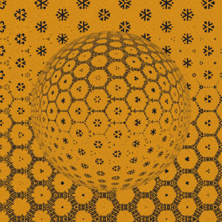 Gelber Grundton. Darauf eine Kugel, die sich aus vielen kleinen kaleidoskopischen Elementen zusammensetzt. Orientierung des Lichteinfalls von oben nach unten.