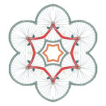 Nur schwer erkennt man, dass die breite rote Linie im Zentrum einer Umrisslinie, die wie Blumenblütenblätter stilisiert ist, ein Fahrradrahmen ist und die Blütenlinie aus Fahrradreifen besteht.