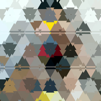 Abstraktes Bild aus Dreiecksstrukturen mit klaren Trennlinien. Wirkung wie ineinander kopierte Tannenbaum-Symbole, meist graublau, aber auch einzelne in gelb und rot.