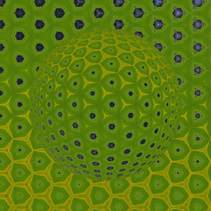 Die grundstruktur der abstrakten grünen Kugel entsteht aus unregelmäßigen Sechsecken, die man bei oberflächlicher Betrachtung für Fünfecke handeln könnte. Gelbe und graublaue Einflüsse strukturieren die Szene und wirken Formgebend auf das Gebilde.