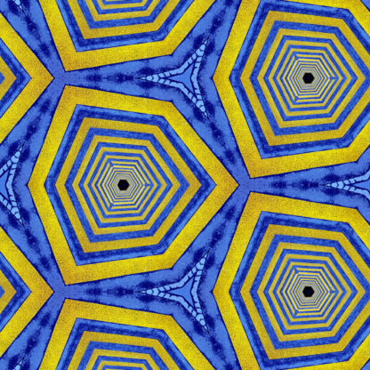 Wie zu ringen geschnittene Zwiebeln wirken die sechseckigen Strukturen, die sich regelmäßig ins Bild fügen. Abwechselnd blau und gelb gefärbte Ringe.
