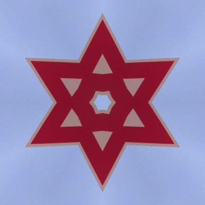 Sechzackiger roter Stern auf hellgrau-blauem Hintergrund. Die Sternfläche ist von Dreiecken durchbraochen und im Zentrum bildet sich ein Sechseck.