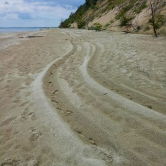 Geschwungene Fahrzeugspur im Sandstrand, links das Meer, rechts Steilküste.