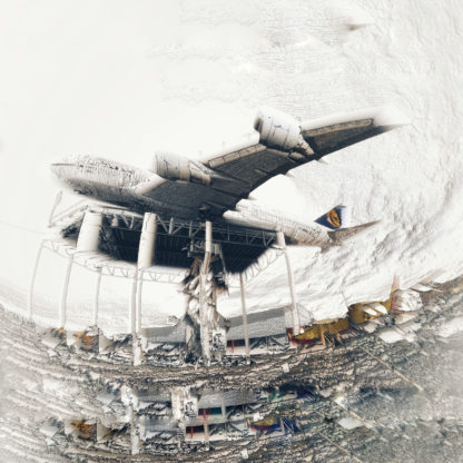 Verkehrsflugzeug auf Stelzen als Ausstellungsgegenstand. Bearbeitetes Bild, das nicht mehr fotorealistisch ist, sondern eine gezeichnete Szene zeigt mit zu Spiralen verdrehten Bildtelementen.