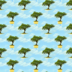 Kaleidoskopisch vervielfachter Obstbaum grün in türkisem Hintergrund, diagonal versetzt in Reihen und Spalten