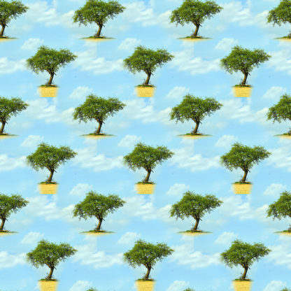 Kaleidoskopisch vervielfachter Obstbaum grün in türkisem Hintergrund, diagonal versetzt in Reihen und Spalten
