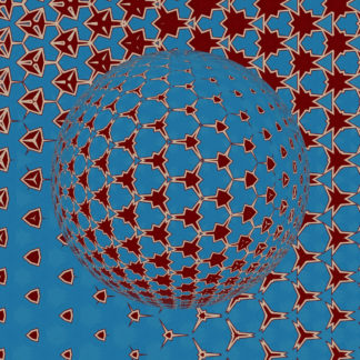 Rote und blaue abstrakte, regelmäßig sich wiederholende Formen bilden eine Kugel