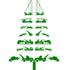 Ein stilisierter Weihnachtsbaum, bestehend aus Abschleppsymbolen wie man sie auf Verkehrsschildern oft findet. Farbe Grün auf weißem Hintergrund
