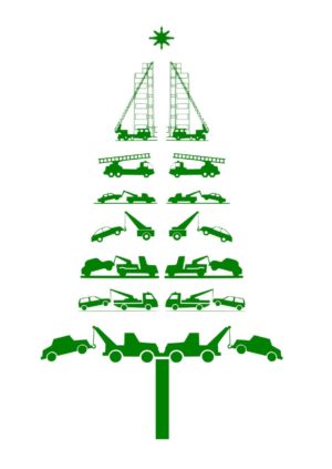Ein stilisierter Weihnachtsbaum, bestehend aus Abschleppsymbolen wie man sie auf Verkehrsschildern oft findet. Farbe Grün auf weißem Hintergrund