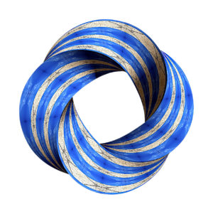 Dreidimensional wirkendes Möbiusringgebilde mit strukturierten blauen und weißen Streifen.