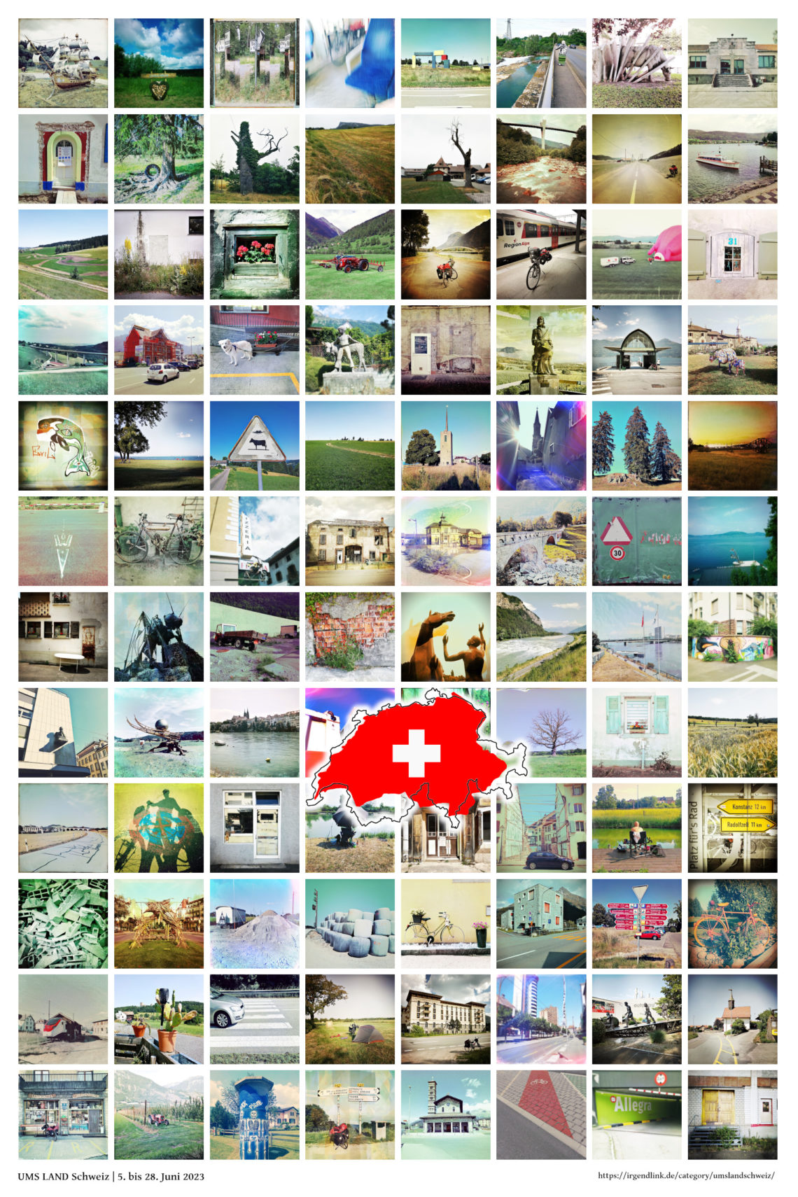 Poster mit vielen kleinen quadratischen Bildern, die Landschaften, Straßen und Strukturen zeigen. Im Zentrum eine Karte der Schweiz, die den Umriss des Landes als unscharfe weiße Kontur zeigt und die Kontur der Reiseroute entlang dieser Linie als rote Fläche mit weißem Kreuz.