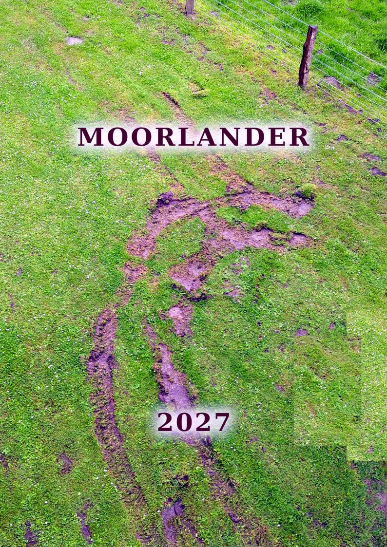 Eine zackige Spur zieht sich braun auf grünem kurzem Gras durchs Bild. Titel Moorlander und Zahl 2027 sind mit weißer Unschärfe vom Hintergrund abgegrenzt.